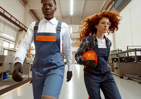 Deux femmes vêtues de bleus de travail, avec lunette et gant de protection, l'une d'elle tient un casque de chantier