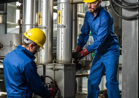 Deux personnes portant des EPI bleu, avec casques jaune, lunettes de protection et gant