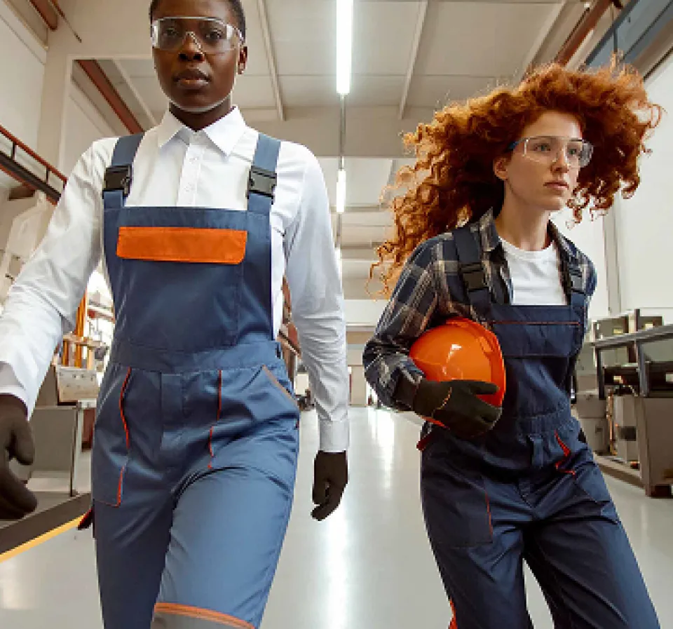 Deux femmes vêtues de bleus de travail, avec lunette et gant de protection, l'une d'elle tient un casque de chantier