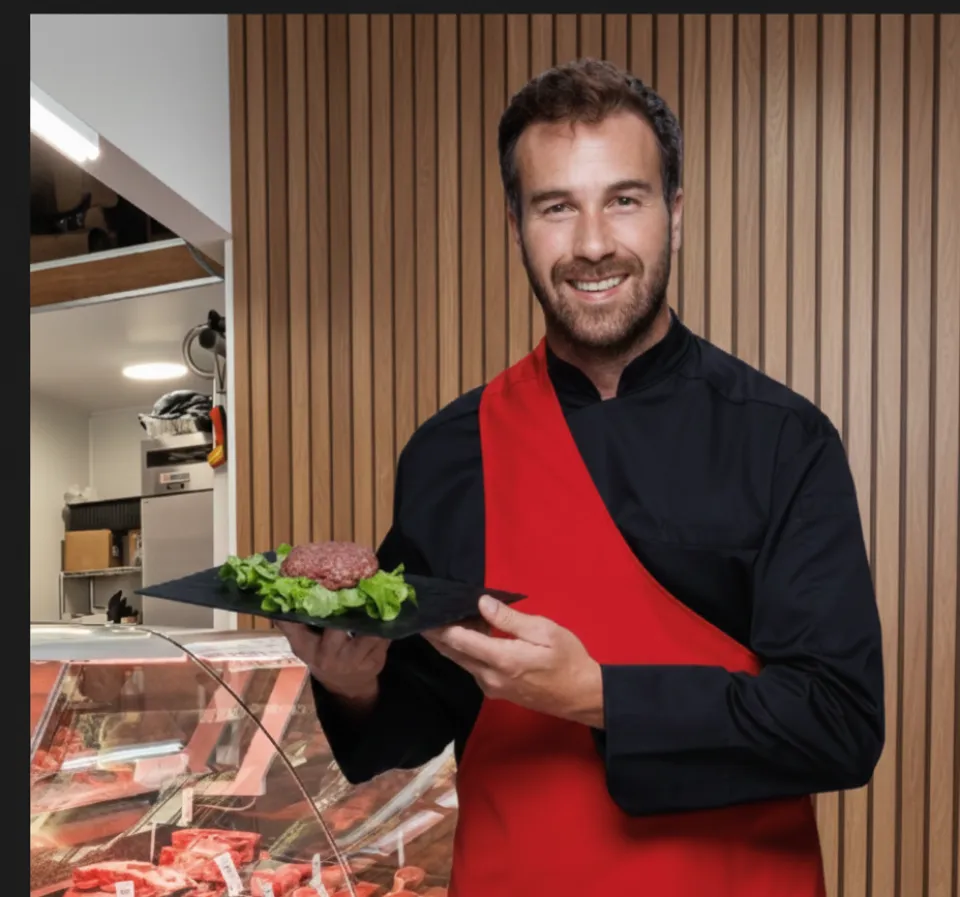 Tablier de boucher rouge pour commerces de proximité en location chez Netexial